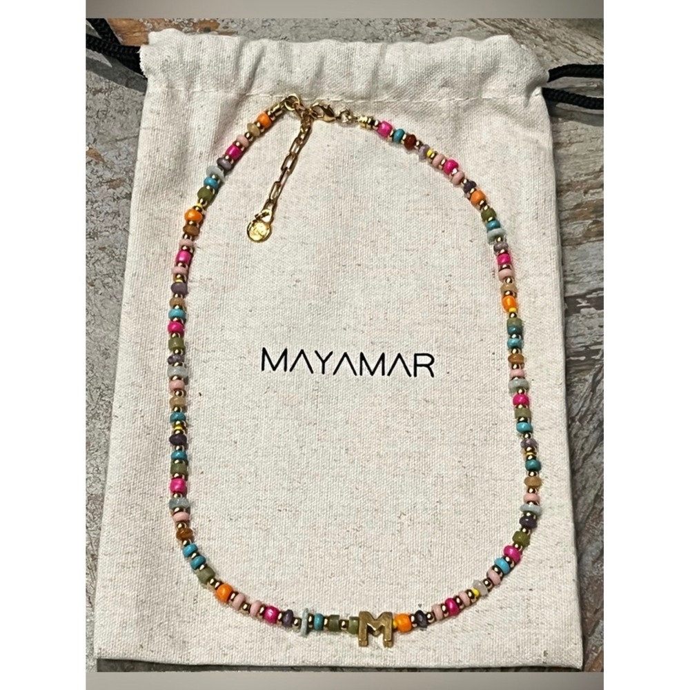 Mayamar Initial M Beaded Necklace Multi Color Stones Gold Tone Boho Jewelry